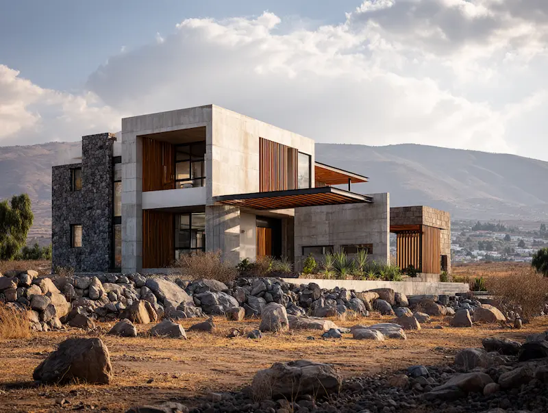 Residencia de dos pisos construida en seco por Los Altillos en Cayma, Arequipa, con fachada de placas color concreto, un muro de piedra y celosías de madera, sobre un terreno pedregoso con cerros al fondo
