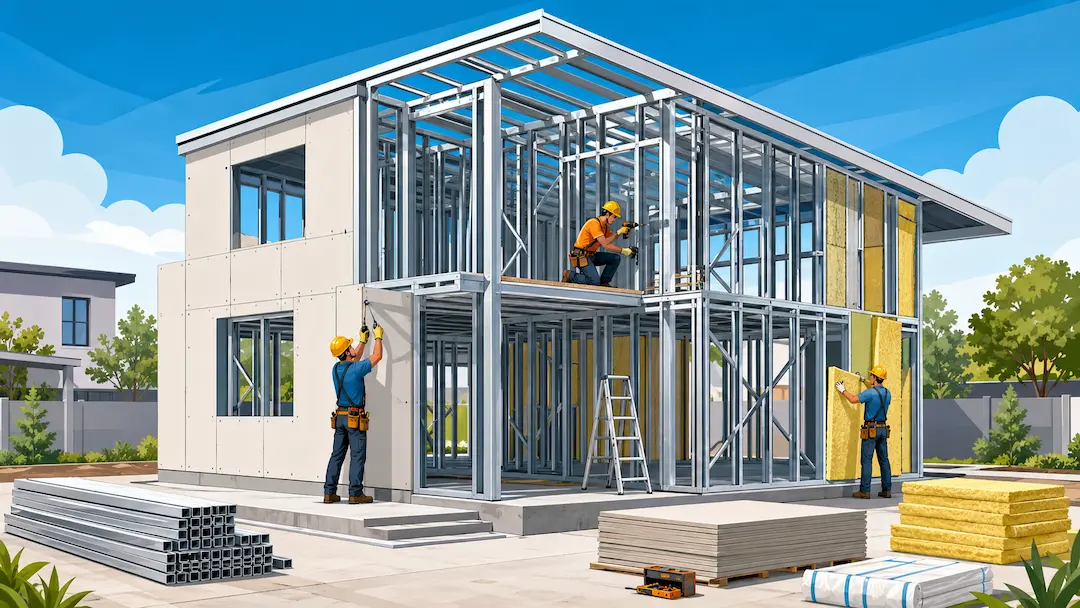 Construcción con steel framing y sistema en seco, con estructura de perfiles de acero galvanizado, placas, aislación y operarios trabajando en una vivienda moderna.
