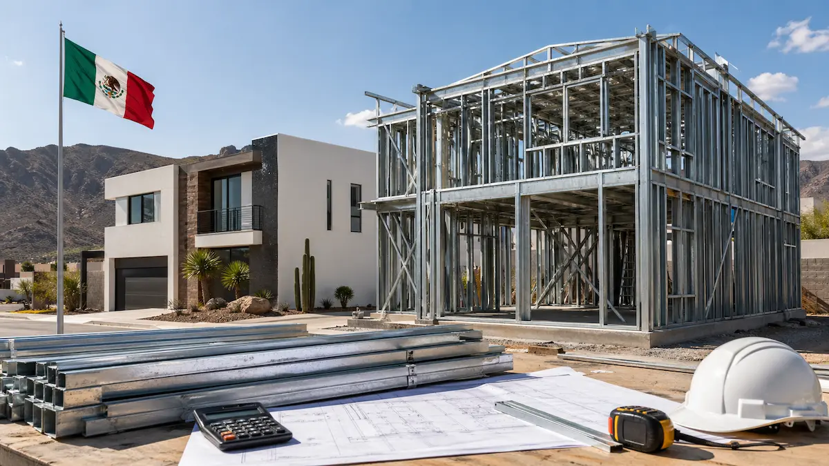 Estructura de perfiles de acero galvanizado de una casa de dos niveles, todavía sin placas, junto a una casa terminada de fachada blanca; en primer plano, perfiles apilados, planos, calculadora, flexómetro y casco, con una bandera de México y cerros al fondo