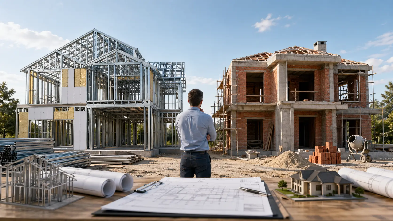 Casa de steel framing moderna — comparativa con mampostería