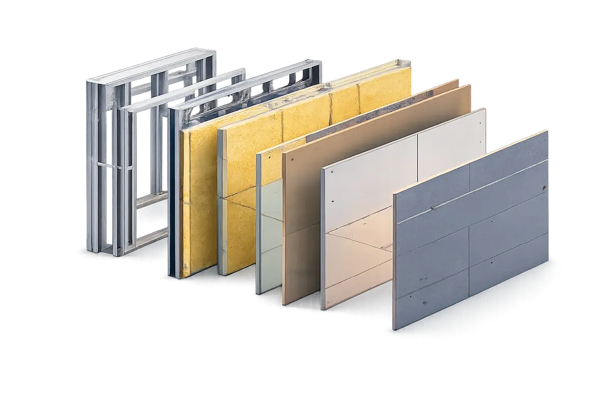 Construcción en seco con perfiles, placas, paneles y aislantes para casas, ampliaciones, tabiques, cielorrasos y revestimientos.