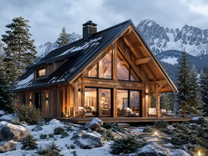 Cabaña de wood frame en zona de montaña con aislación de alta performance y madera en fachada