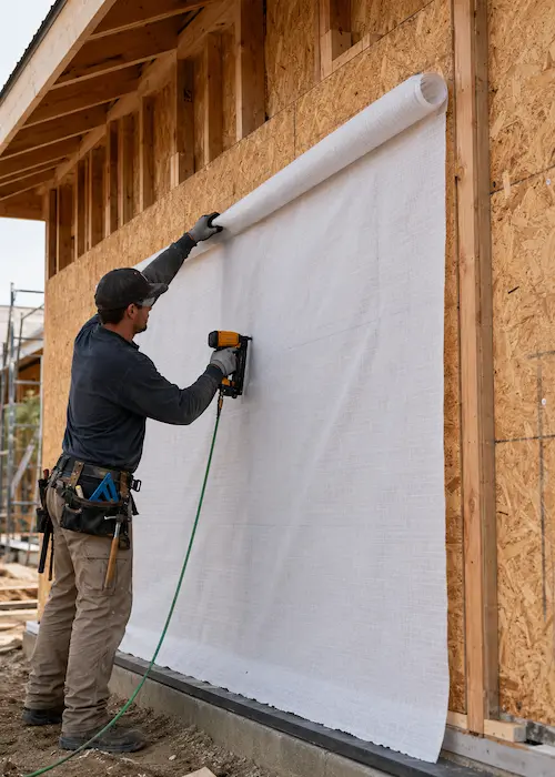 Instalación de membrana hidrófuga sobre OSB exterior de wood frame: técnico colocando la membrana transpirable antes del siding