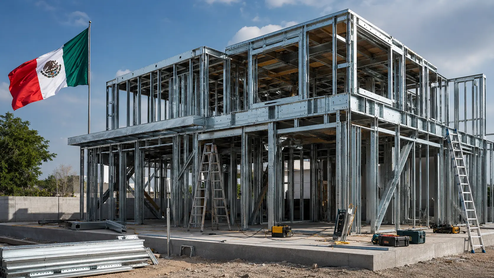 Obra de construcción con estructura de perfiles de acero galvanizado para Steel Framing