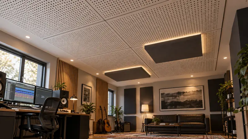 Home studio con cielorraso de placas perforadas y paneles absorbentes oscuros en paredes y techo