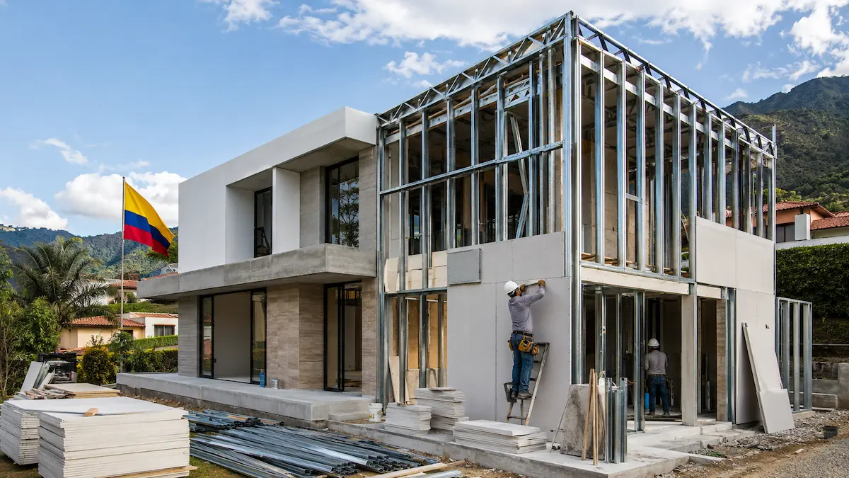 Vivienda en construcción con estructura de acero galvanizado y placas, en Colombia