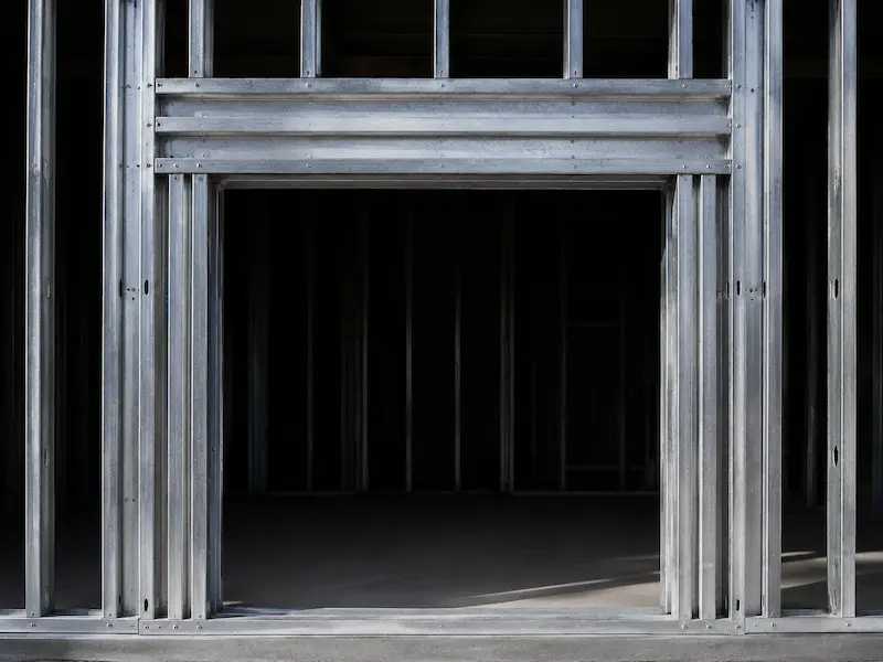 Dintel armado sobre un vano de puerta en estructura de Steel Framing, con montantes de apoyo a ambos lados