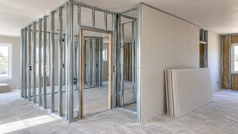 Tabiques interiores en obra con montantes de acero galvanizado a la vista y placas de yeso apoyadas contra la pared, listas para colocar