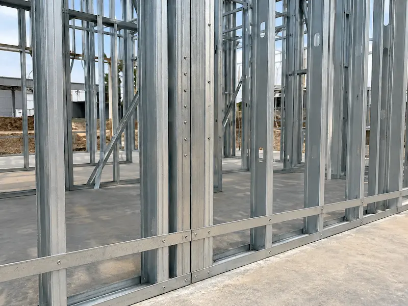 Encuentro entre dos paneles de Steel Framing con montantes duplicados y fleje de arriostramiento