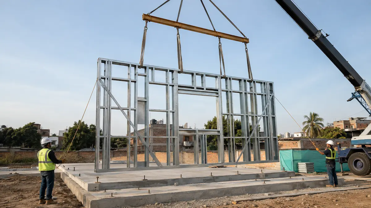 Montaje con grúa de un panel de acero prefabricado sobre la cimentación