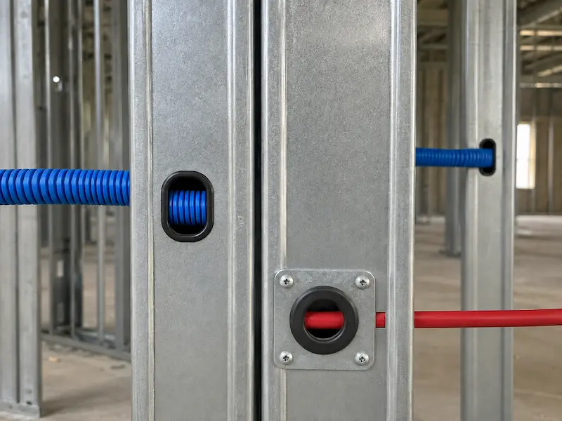Instalaciones eléctricas e hidráulicas atravesando montantes de Steel Framing por perforaciones de fábrica con buje de protección