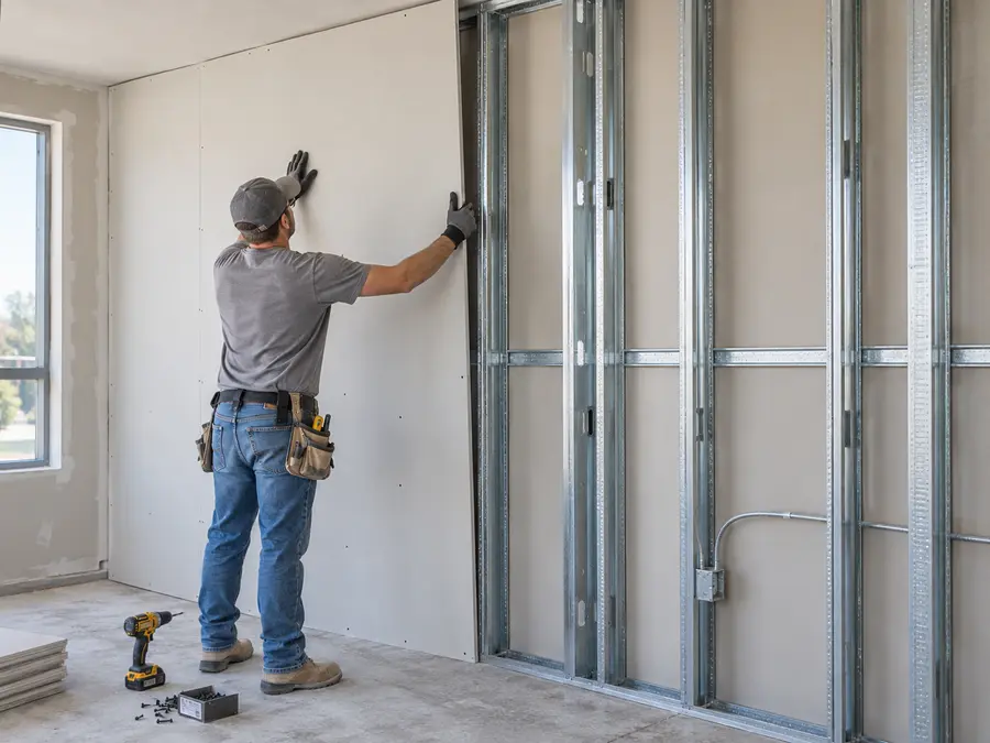 Instalación de placas de drywall en obra: operario colocando placas de yeso cartón sobre perfilería metálica en una pared interior.