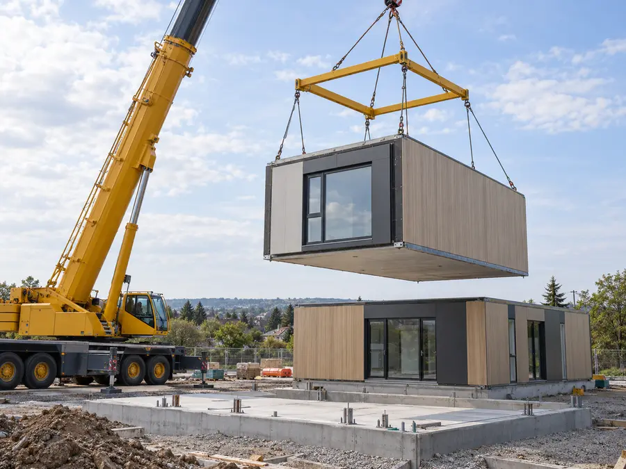 Módulos prefabricados de construcción en seco siendo montados con grúa en obra rápida