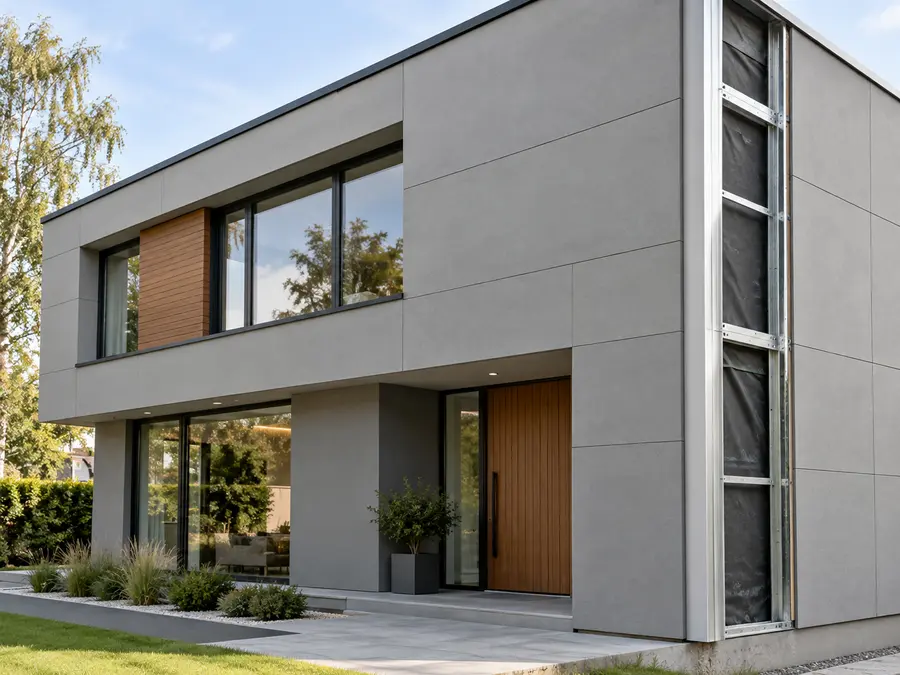 Fachada de steel framing revestida con placa cementicia, con un tramo abierto donde se ven los perfiles y la membrana contra la humedad