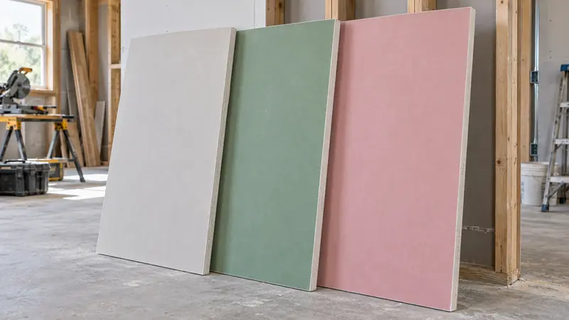 Tres placas de yeso apoyadas en una obra: una blanca estándar, una verde resistente a la humedad y una rosa resistente al fuego