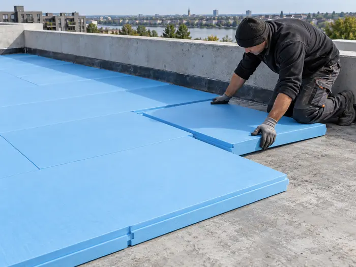 Planchas de XPS (poliestireno extruído) colocadas en terraza transitable antes de la impermeabilización