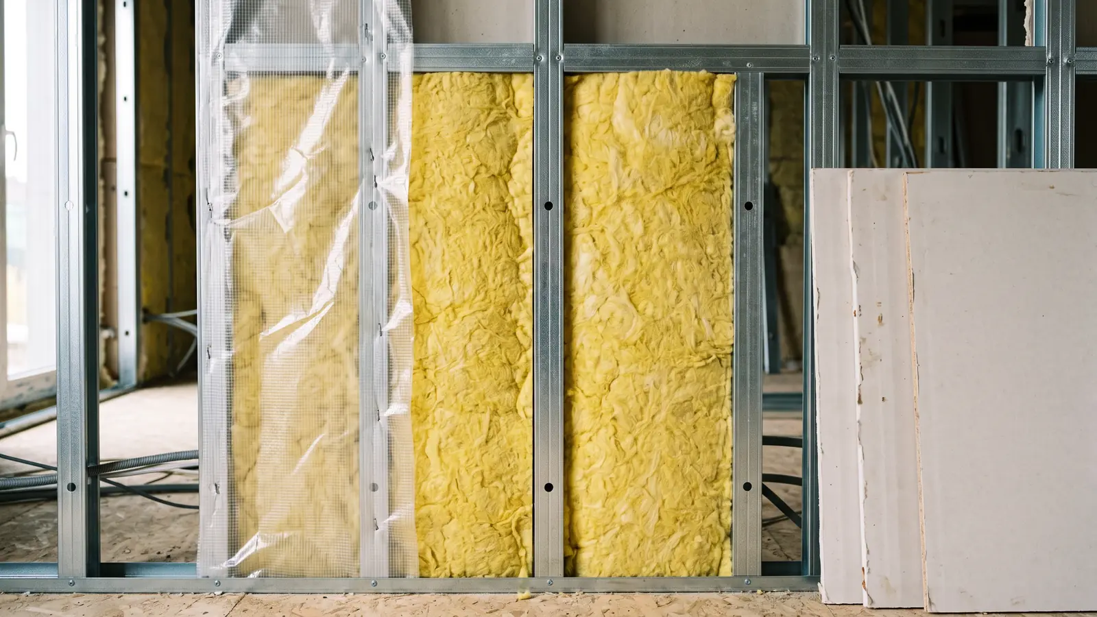 Pared en seco con una cara todavía abierta: perfiles de acero galvanizado con perforaciones, lana de vidrio entre perfiles, una lámina plástica y placas de gypsum apoyadas a la espera del cierre