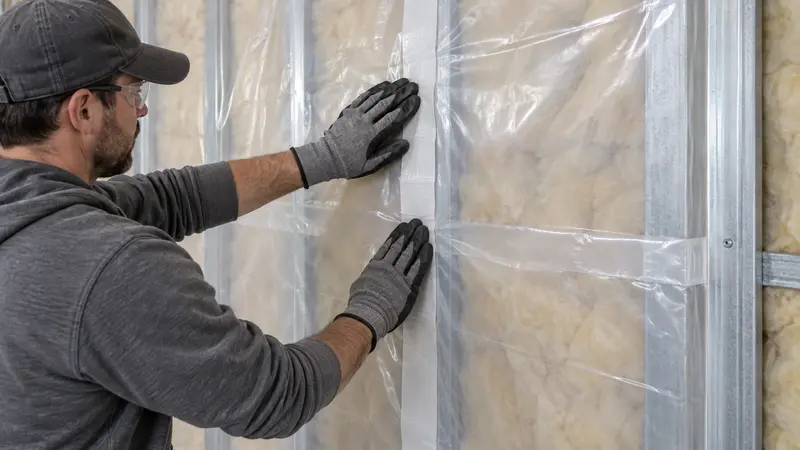 Operario con guantes colocando un film transparente de barrera de vapor sobre la lana de vidrio, entre montantes de acero galvanizado, del lado interior del muro y antes de la placa de yeso