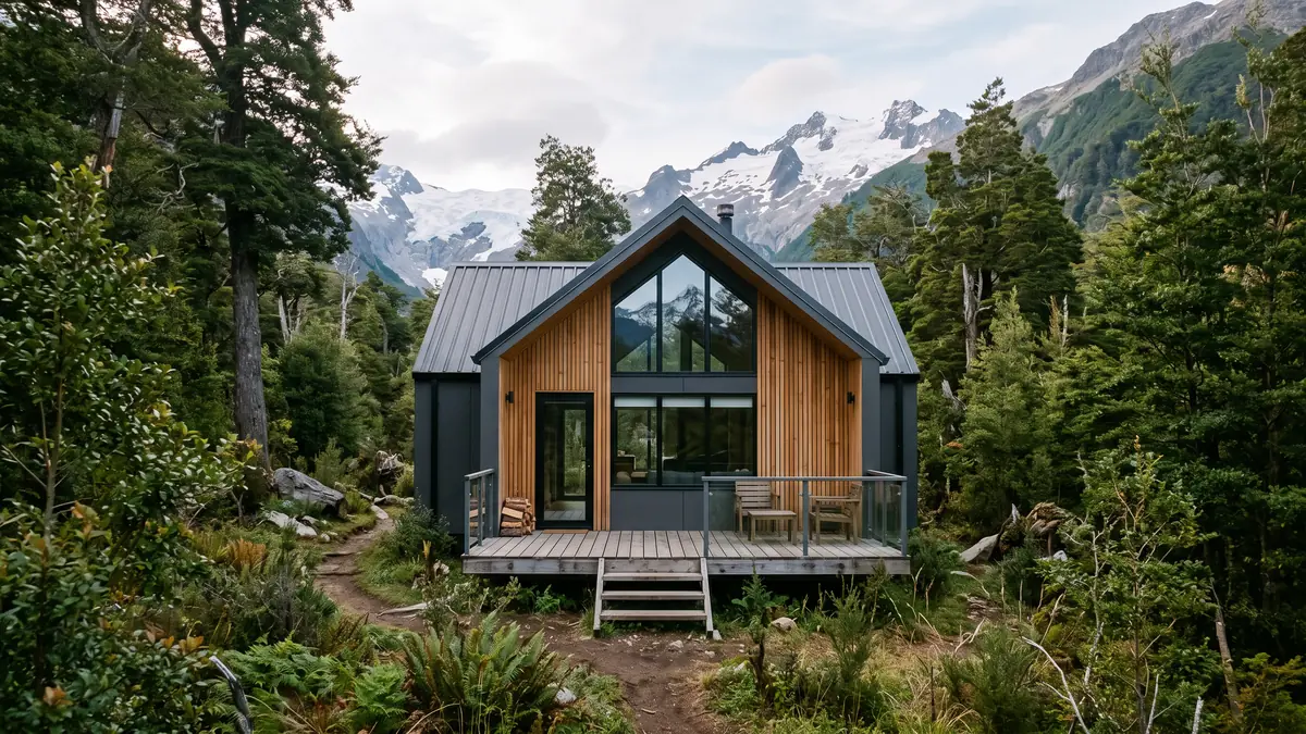 Cabaña de steel framing con techo a dos aguas en un bosque de montaña