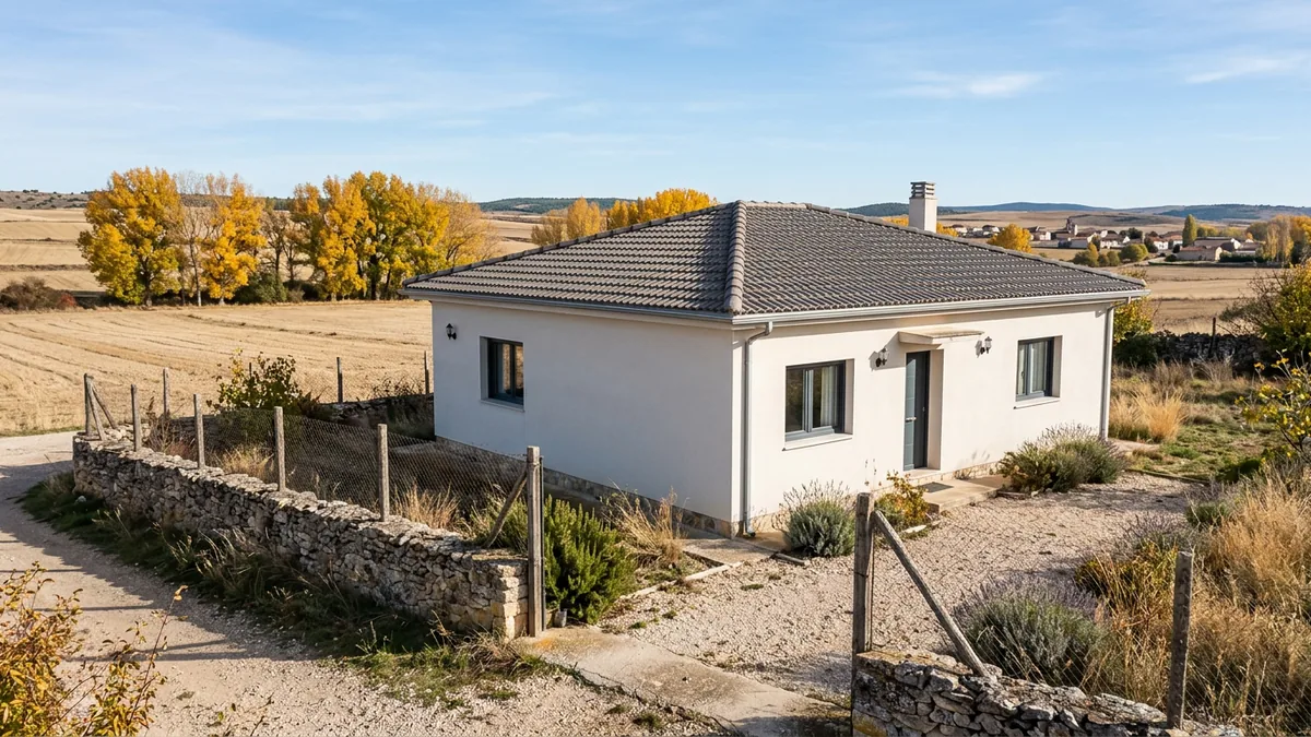 Casa de una planta de unos 110 m² construida con steel framing, ya terminada, en una parcela a las afueras de Burgos