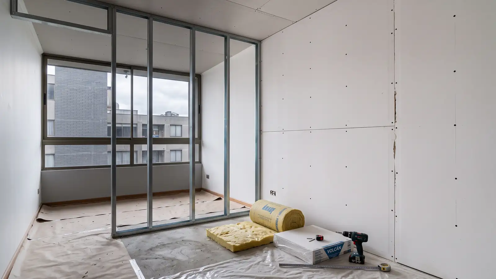 Tabique en construcción en un departamento chileno: perfiles de acero galvanizado a la vista, placas de yeso-cartón a medio instalar y rollos de aislación en el piso