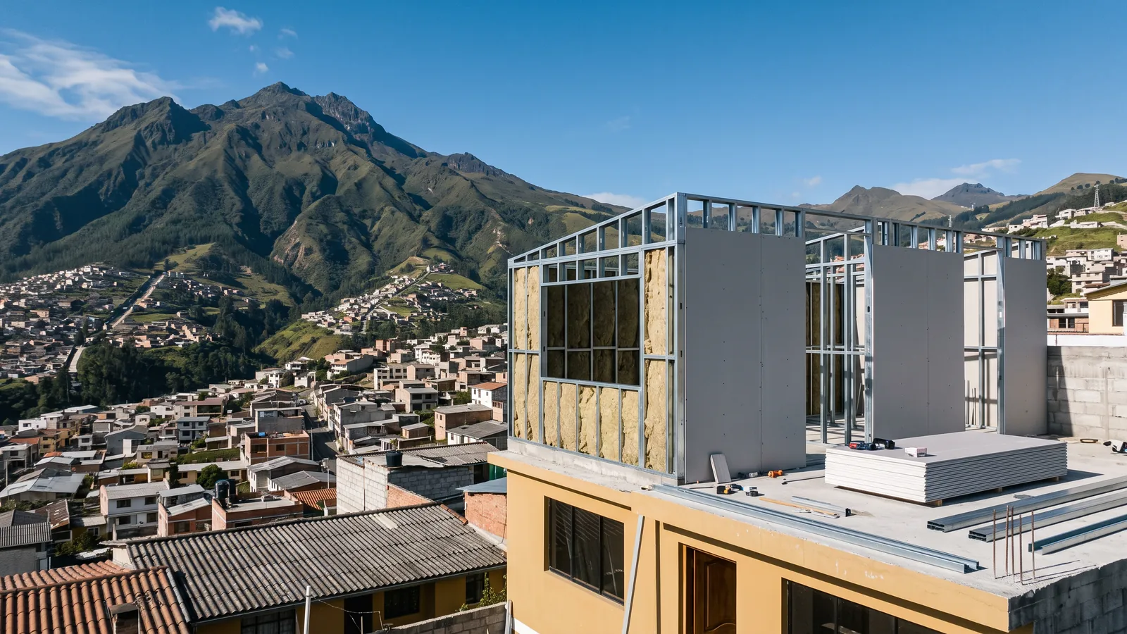 Ampliación en construcción en seco sobre una casa de Quito: estructura de perfiles de acero galvanizado, una división interior a medio cerrar con placas de gypsum y las laderas del Pichincha al fondo
