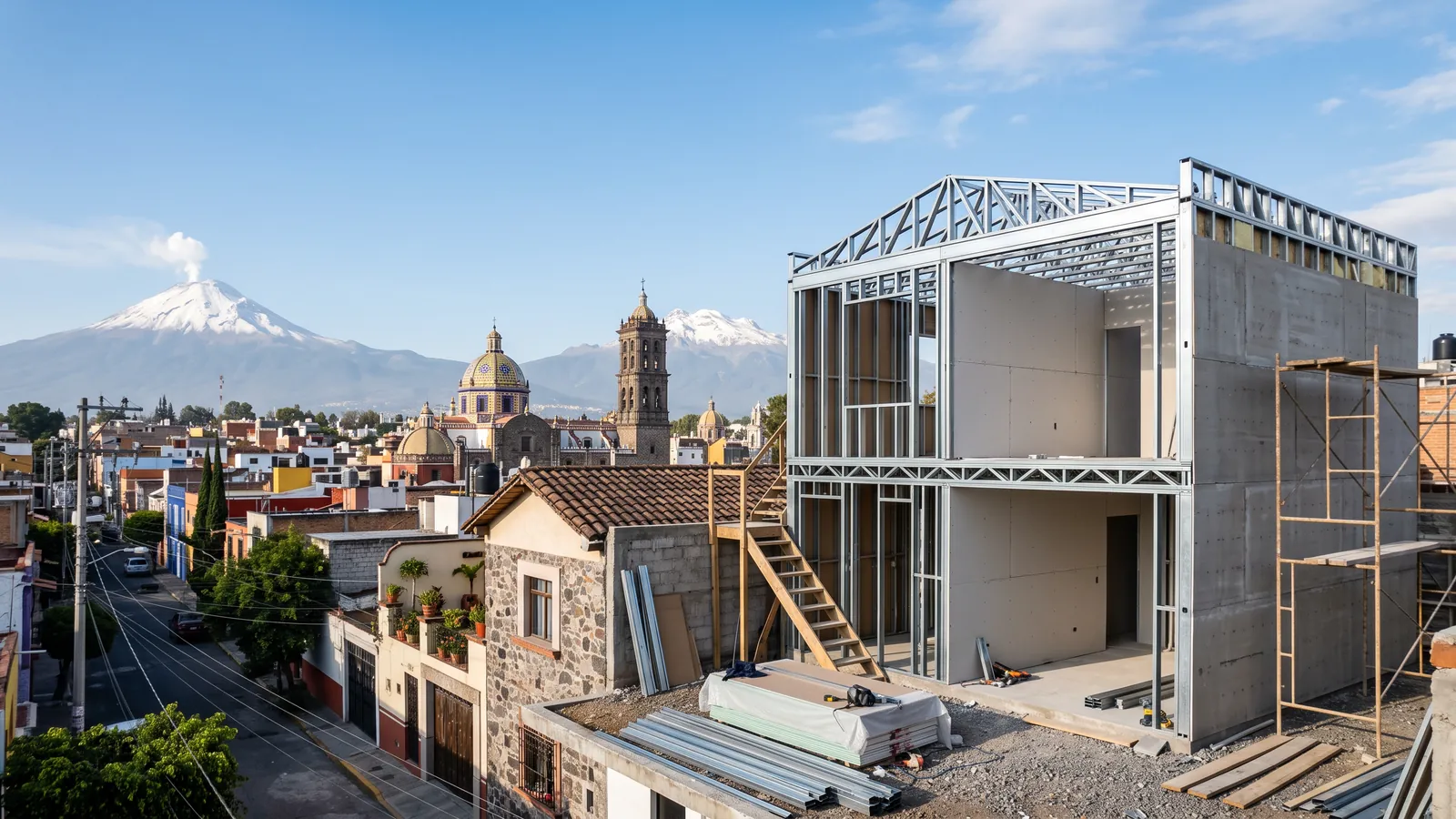 Cuarto nuevo en construcción en seco junto a una casa tradicional de piedra con techo de teja en Puebla: estructura de dos niveles de perfiles de acero galvanizado con armaduras en el techo, muros a medio cerrar con placas, un andamio y perfiles apilados; al fondo, cúpulas de talavera, la torre de una iglesia, el Popocatépetl con su fumarola y el Iztaccíhuatl