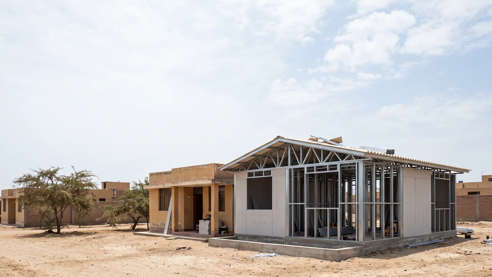 Ampliación en construcción en seco junto a una casa de un piso en un barrio desértico de Trujillo: estructura de perfiles de acero galvanizado con cerchas, muros a medio cerrar con placas, cubierta a dos aguas con aleros y la base del muro elevada sobre un sobrecimiento de concreto