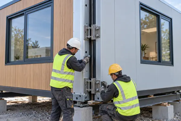 Módulos de construcción prefabricada siendo ensamblados en obra con grúa