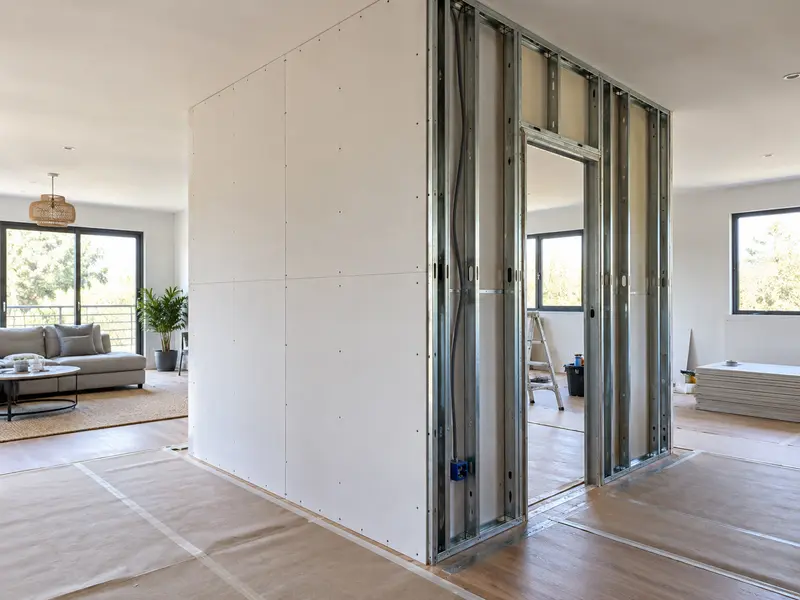 Tabique nuevo dentro de un living: la cara emplacada muestra filas verticales de tornillos y la otra cara sigue abierta, con los montantes, un cable, una caja eléctrica y el hueco de la puerta