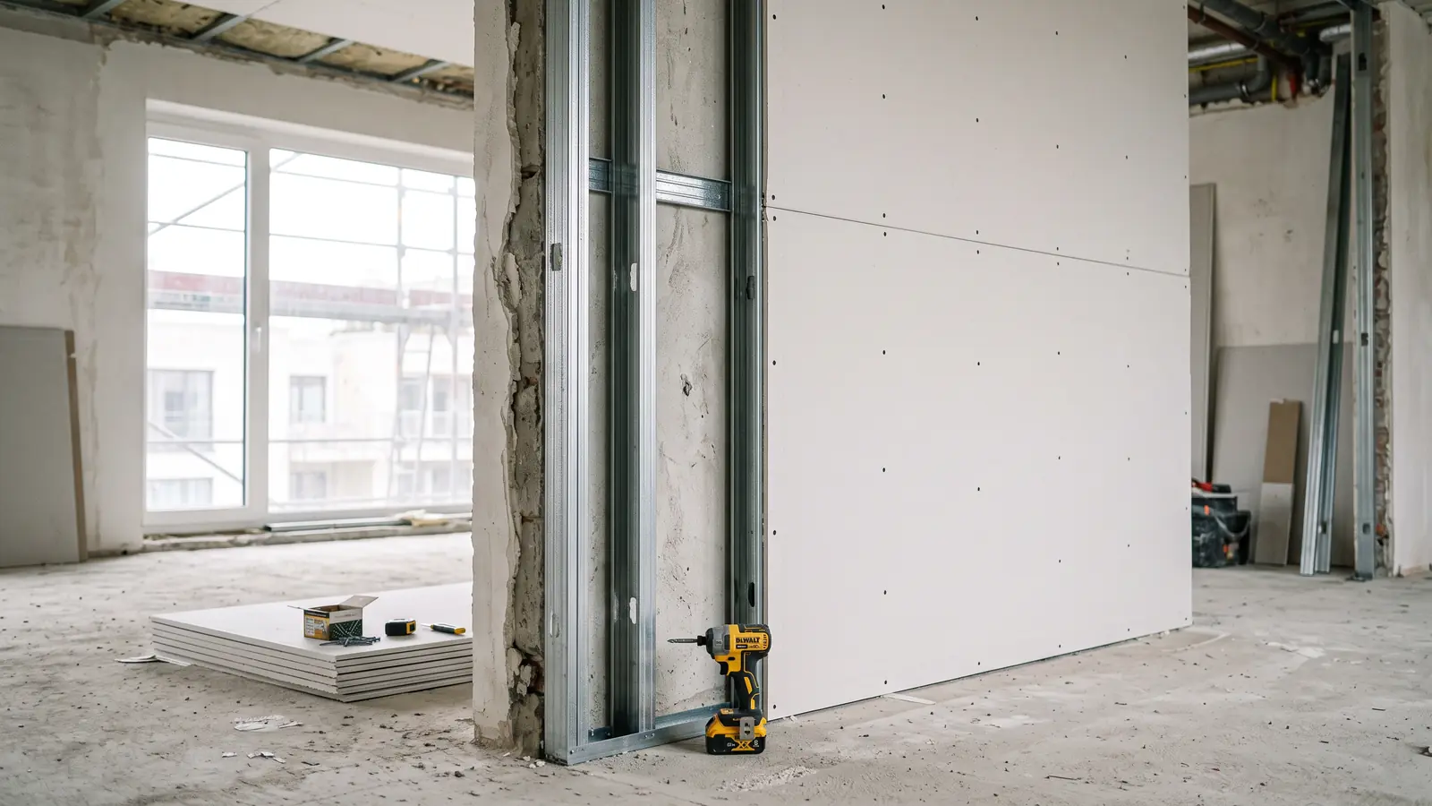 Tabique en obra dentro de un departamento: perfiles de acero galvanizado a la vista junto a un tramo ya cerrado con placas de yeso-cartón atornilladas