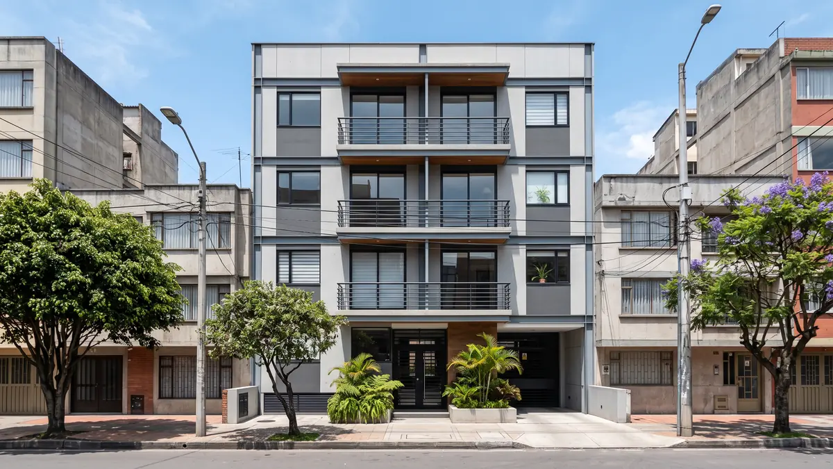 Edificio urbano de cuatro pisos con fachada de placas y balcones