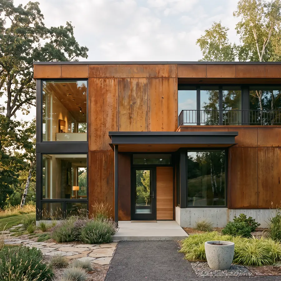 Fachada de casa con paneles de chapa corten y grandes ventanales