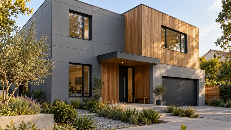 Fachada moderna que combina placas grises con revestimiento de madera