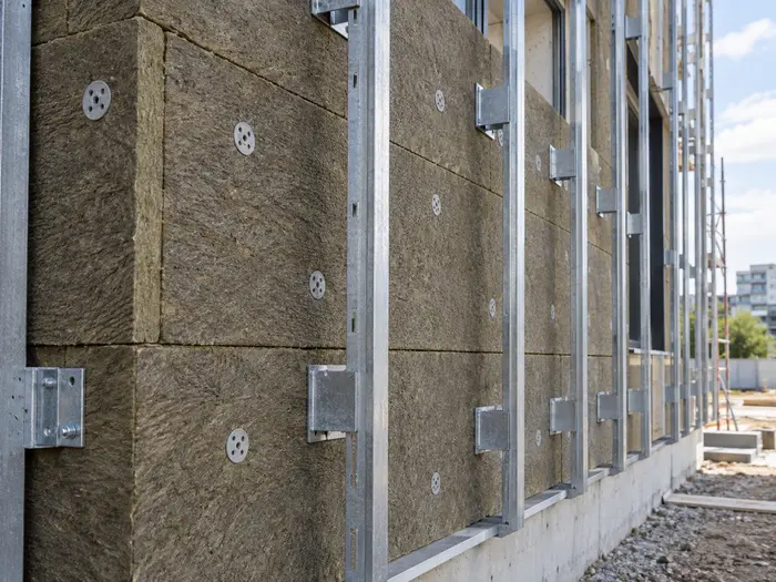 Planchas de lana de roca fijadas con tarugos de disco a la fachada de un edificio en obra, detrás de una subestructura de perfiles metálicos para una fachada ventilada