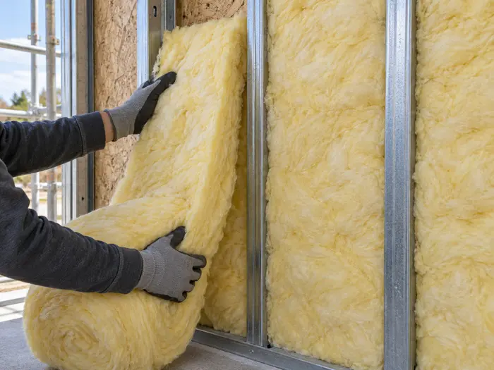 Manos con guantes colocando un rollo de lana de vidrio amarilla entre montantes de acero galvanizado de un muro exterior, con la placa de OSB detrás