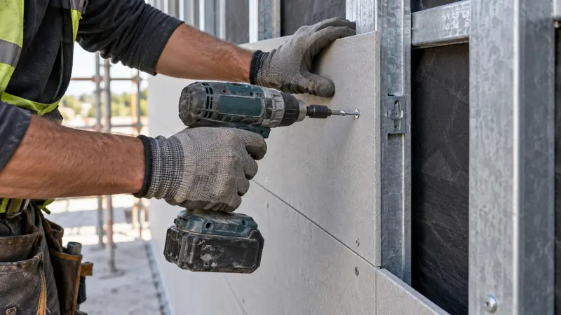 Un instalador atornilla una placa de fibrocemento sobre perfiles de acero galvanizado en una pared exterior
