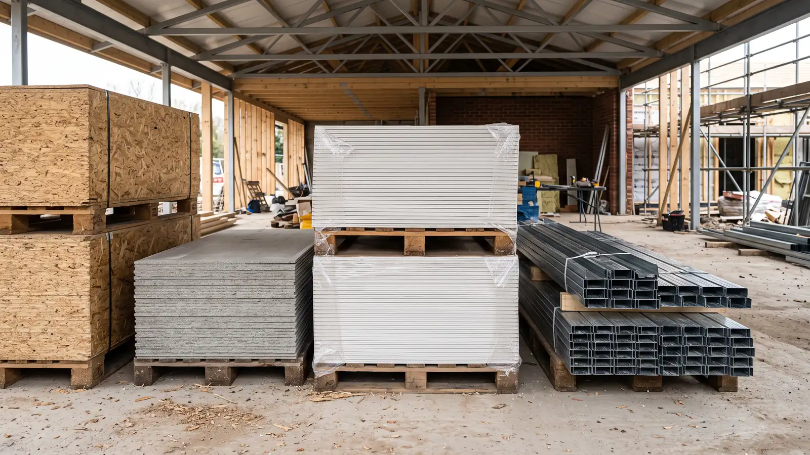 Materiales de construcción en seco apilados en pallets: placas OSB, placas de fibrocemento, placas de yeso-cartón envueltas y perfiles de acero galvanizado