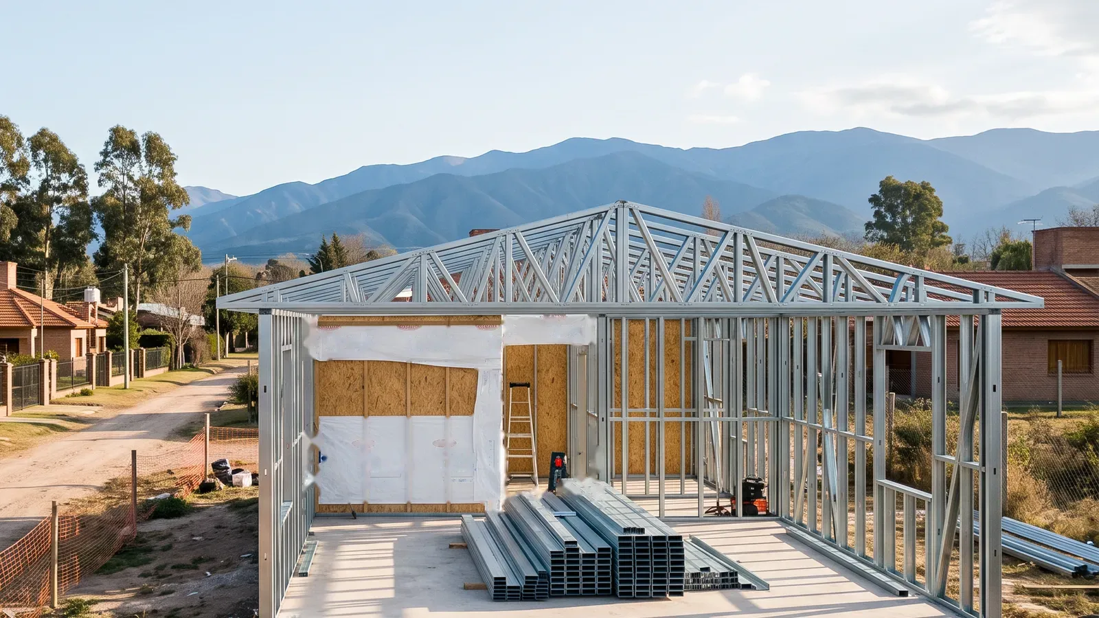 Casa de una planta en obra con estructura de perfiles de acero galvanizado y cabriadas del mismo material; una parte de los muros ya tiene placas OSB y barrera de agua y viento blanca, y hay perfiles apilados sobre la platea de hormigón, con casas de ladrillo a los costados y las sierras de Córdoba al fondo