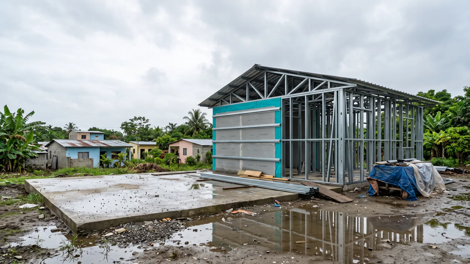 Casa en construcción con estructura de steel framing junto a viviendas de bloque en un barrio de Guayaquil, con cielo nublado de temporada de lluvias