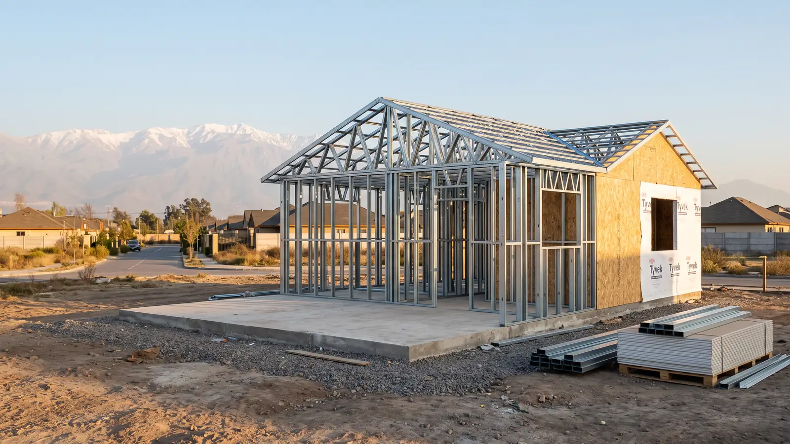 Casa en construcción con estructura de Metalcon (steel framing) en Santiago de Chile, con la cordillera de fondo