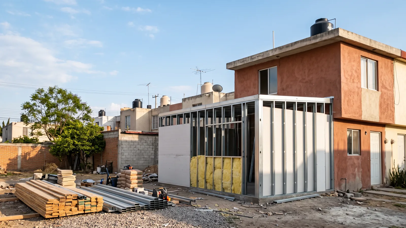 Ampliación de un nivel en construcción junto a una casa de dos pisos con aplanado terracota, en un fraccionamiento de Zapopan (Jalisco): postes de acero galvanizado, placas en parte de los muros y aislamiento amarillo de fibra de vidrio; tinacos en las azoteas, bardas de block y de tabique y material apilado en primer plano