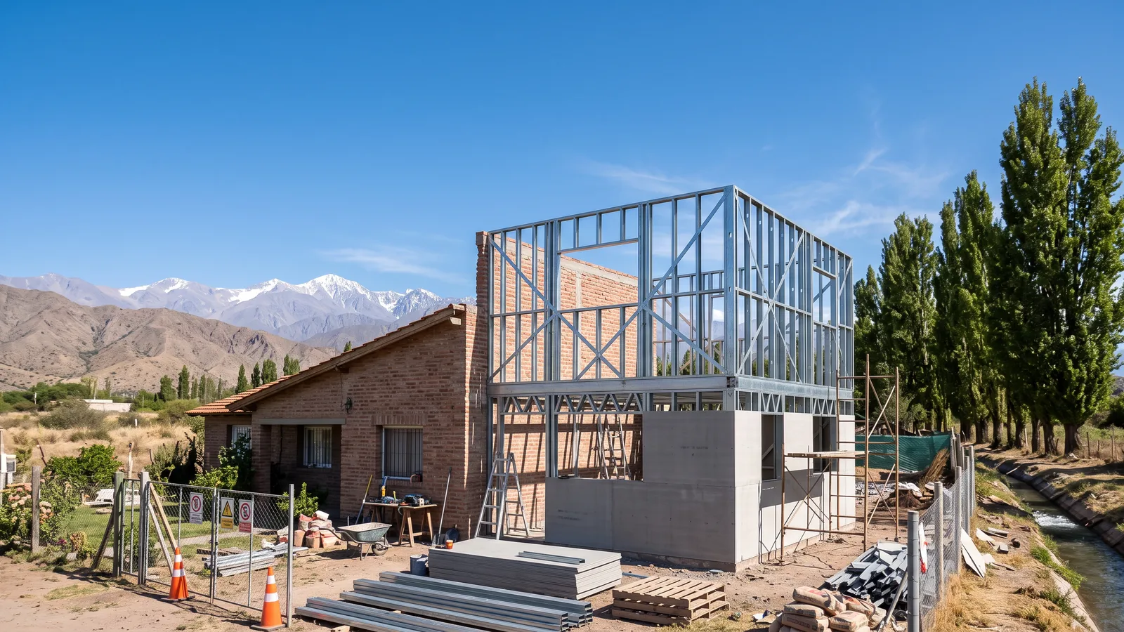 Casa de ladrillo visto de una planta en Mendoza con una ampliación de steel framing en obra: estructura de perfiles de acero galvanizado en la planta alta, placas cementicias abajo, perfiles y placas apilados, álamos, una acequia y la cordillera nevada al fondo