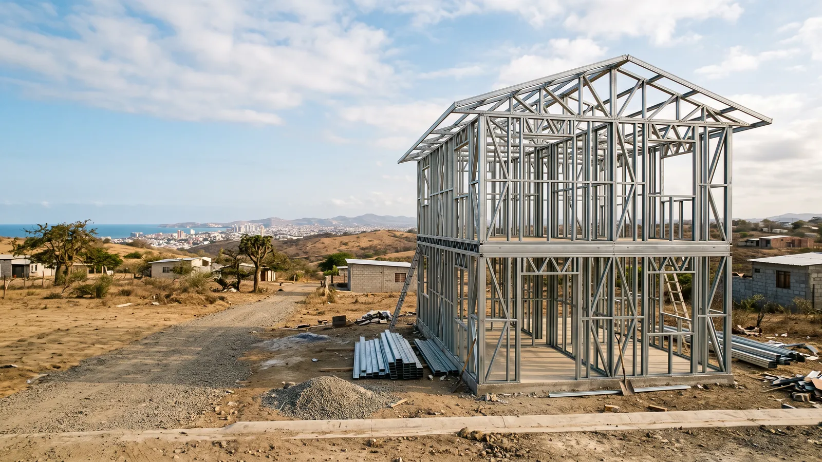 Casa de dos pisos en obra con estructura de steel framing de perfiles de acero galvanizado en un barrio de Manta, con el mar al fondo