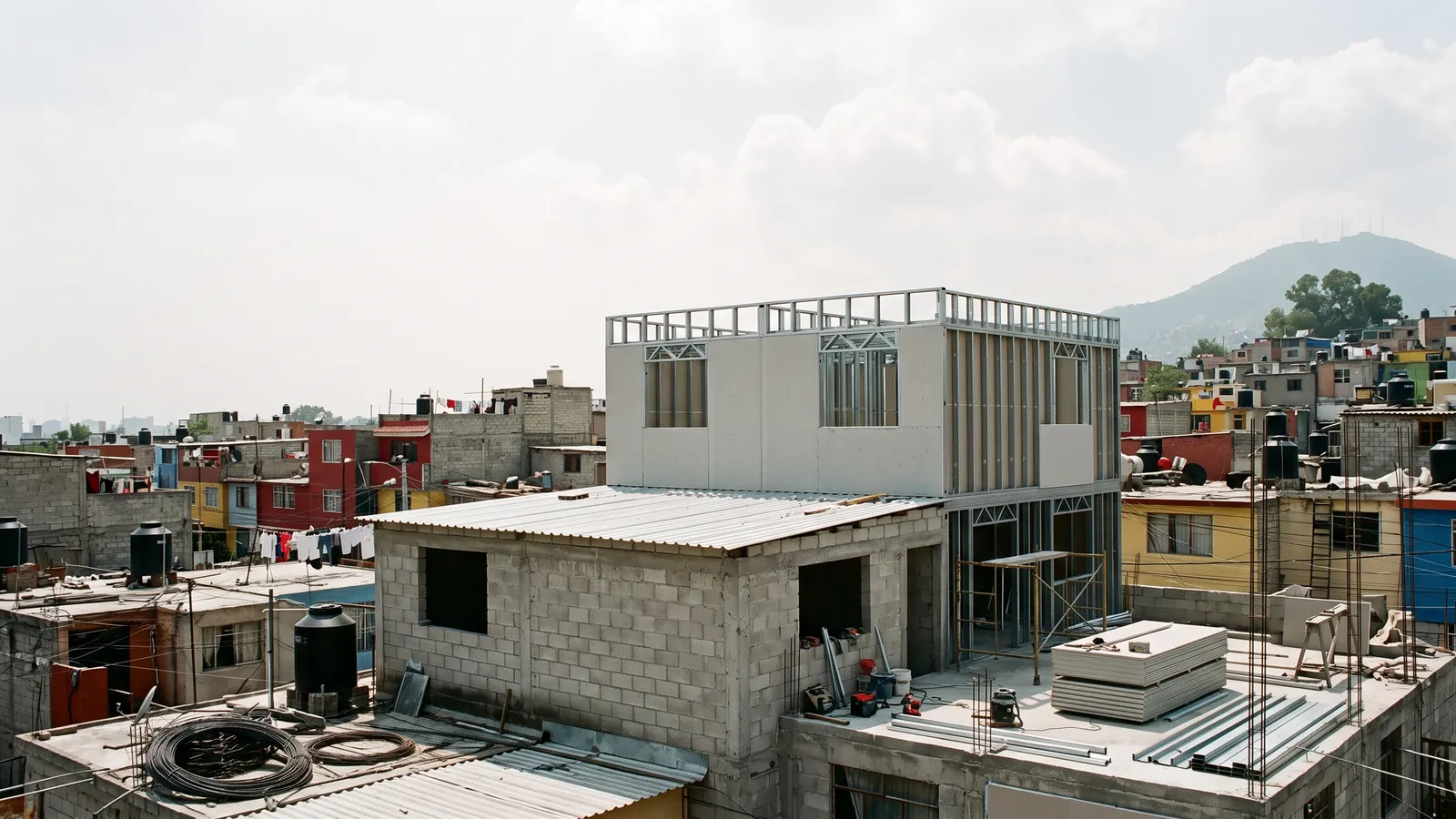 Segundo nivel ligero en obra sobre una casa de block en Iztapalapa: bastidor de perfiles de acero galvanizado a medio cerrar con placas, placas y perfiles apilados en la azotea, tinacos en las casas vecinas y el Cerro de la Estrella al fondo