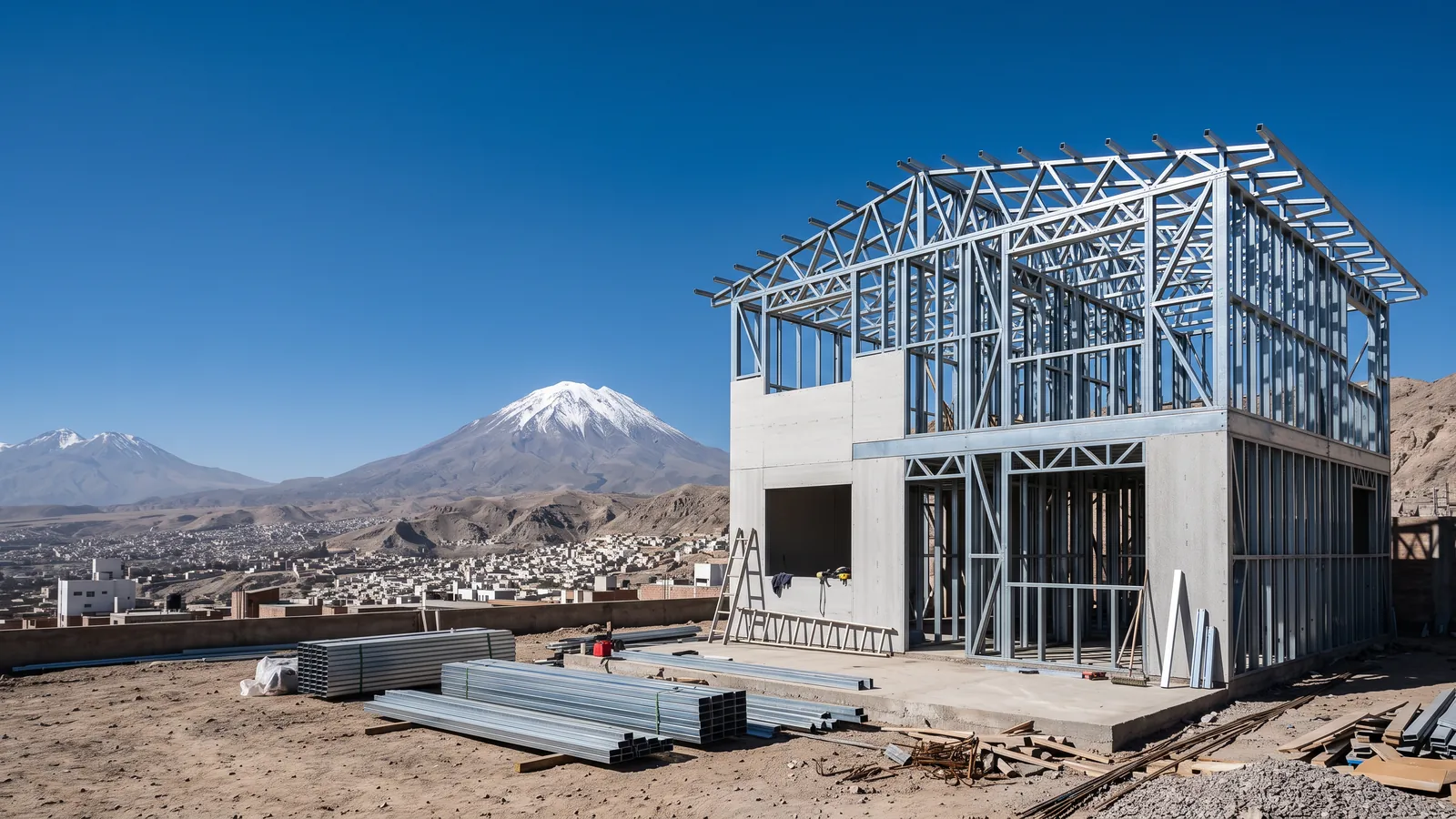 Casa de dos pisos en obra en Cayma, Arequipa: estructura de steel framing con perfiles de acero galvanizado y cerchas de techo, placas en parte de la planta baja y perfiles apilados en el terreno, con el volcán Misti nevado al fondo